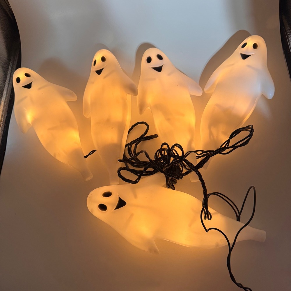 Vintage Halloween Ghost String Lights Blow Mold Style Set of 5 White Plastic